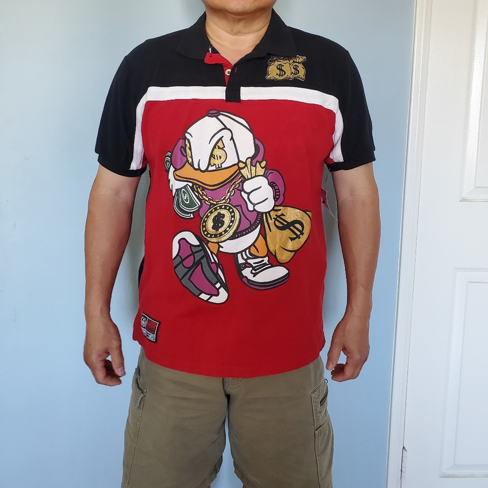 Switch Remarkable Donald Duck with Money sign shortsleeves Polo Sz XL(snuggy)/LG